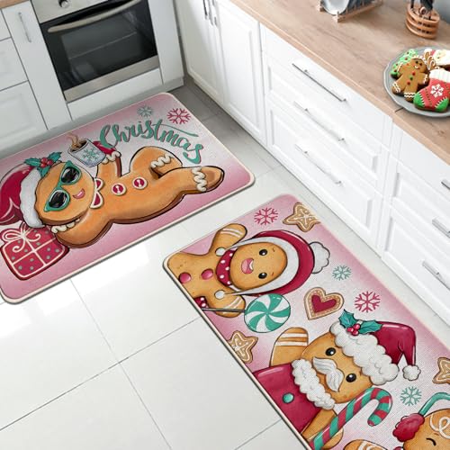 Christmas Gingerbread Man Kitchen Rugs Set of 2 - 17x29 & 17x47 Inches, Non-Slip Holiday Decor