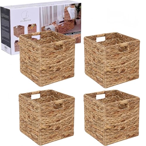 12x12 Inch Water Hyacinth Storage Baskets - 4 Pack Foldable Cubes for Home Organization