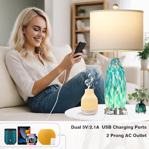 Peacock Green Glass Table Lamps Set of 2 with USB Ports & Night Light - Coastal Nautical Bedside Lamps