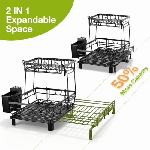 Large Black 2-Tier Expandable Dish Drying Rack for Kitchen Counter - Space Saving