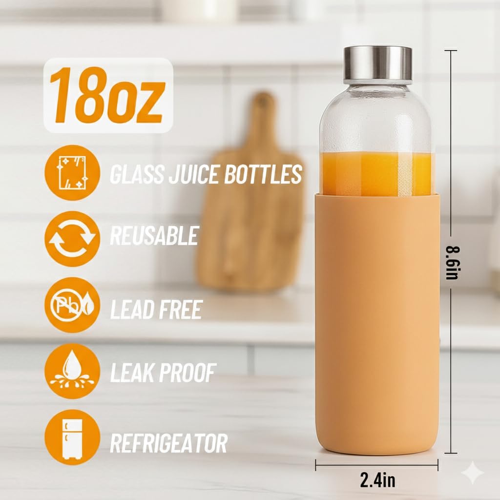 Luxfuel 32 oz Glass Juice Bottles with Lids and Silicone Sleeve, Reusable Refillable Water Bottles for Juicing, Refrigerator,100% Leak Proof, BPA Free, Clear Glass Set of 3
