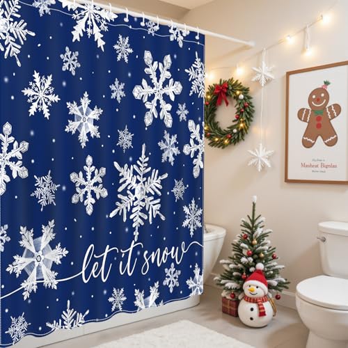 Blue Christmas Snowflake Shower Curtain Winter Snowflake Decorations Shower Curtain for Bath Snow Christmas Holidays Bathroom Decor Waterproof Fabric Shower Curtain with 12 Hooks (BLUE, 72''x 72'')