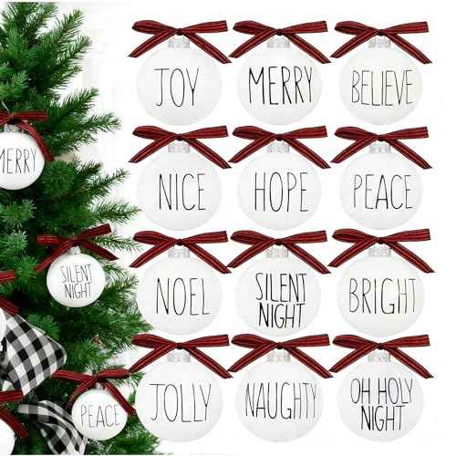 Christmas Decoration, 2.4 Inch 12PCS Farmhouse White Christmas Ornament with Buffalo Plaid Bows, Christmas Tree Decor, Set