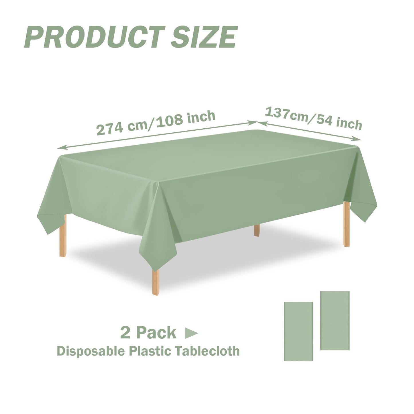PUSAEN 2 Pack Sage Green Plastic Table Cloth Disposable Rectangle Tablecloth 54 x 108 Inch, Sage Green Plastic Table Covers for Birthday Wedding Banquet Picnic Holiday Party Decorations