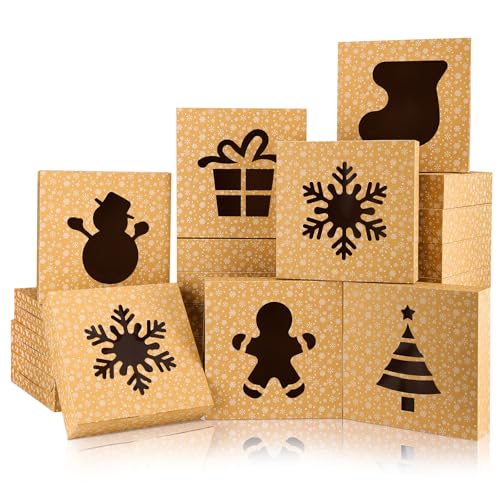 Beavoiing 24 Pack 10x10x2.5 inch Christmas Cookie Boxes with Window - Kraft Gift Boxes