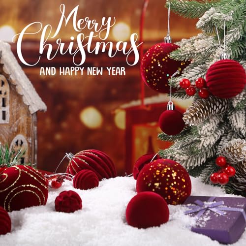 Suzile Red Velvet Christmas Tree Ornaments Set - 18 Pcs Flocked Holiday Decorations