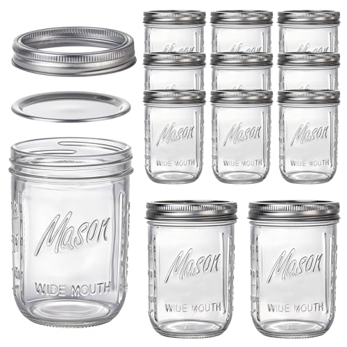 WELLIFE Clear 16oz Mason Jars 12 Pack with Lids - Wide Mouth Food Storage & Canning Containers