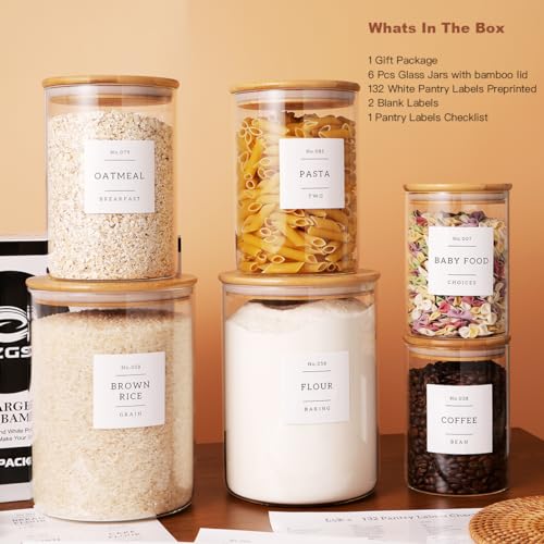 6-Pack Glass Food Storage Jars with Airtight Bamboo Lids & 132 Labels