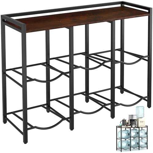 6 Slot Water Bottle Holder with Rustic Brown Wood Top Shelf for 5-Gallon Jugs - Heavy Duty Dispenser Stand