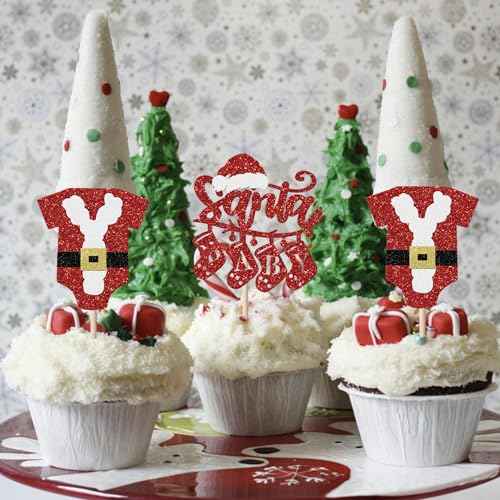 Rsstarxi 24 Pack Santa Baby Cupcake Toppers Glitter Merry Christmas Cupcake Picks Santa Baby Shower Cake Decoration for Gender Reveal Boys Girls Birthday Christmas Party Decorations