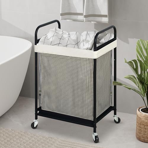 Beige STO STO 90L Rolling Laundry Hamper with Removable Washable Liner and Lockable Wheels