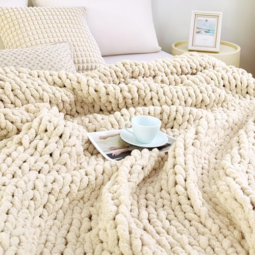 Admitrack Ivory Chunky Knit Blanket Throw 51x63" - Cozy Couch Cover