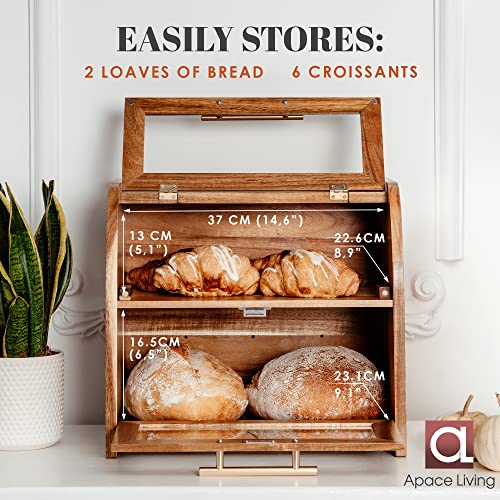 Acacia Wooden Bread Box for Kitchen Countertop - Extra Large 2-Shelf - Umber Finish