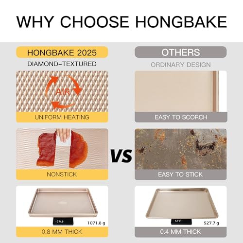 HONGBAKE Champagne Gold Nonstick Baking Sheet Set of 3 - Heavy Duty Carbon Steel with Diamond Texture, Oven Safe Up to 450°F