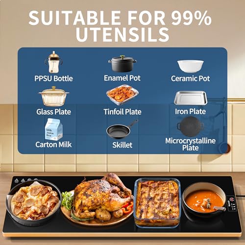 Black 40x12 Inch Electric Warming Tray Tempered Glass Food Warmer
