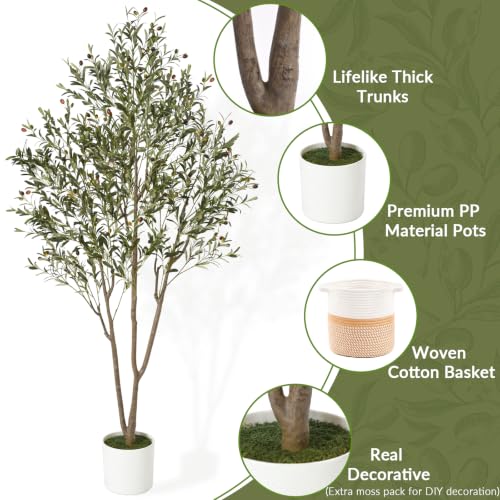 7FT Artificial Olive Tree with Planter & Basket - Green, Indoor Faux Tree