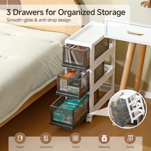 Gray Plastic 3 Drawer Storage Organizer Cart - Narrow Mobile Storage