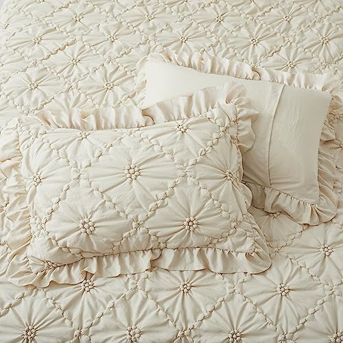 Beige King Comforter Set with Pinch Pleat Ruffle 3 Pieces - Microfiber Bedding