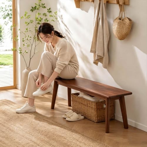Walnut Solid Wood Farmhouse Bench 39.4 x 11.8 x 17.7 in - Rustic Entryway Seating