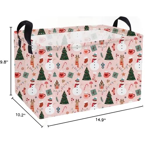 Essme Rectangular Christmas Baskets,Pink Storage Box,Cute Basket for Kids with Handles for Room Decor, Book Bins,Gifts Basket.(Pink Christmas)