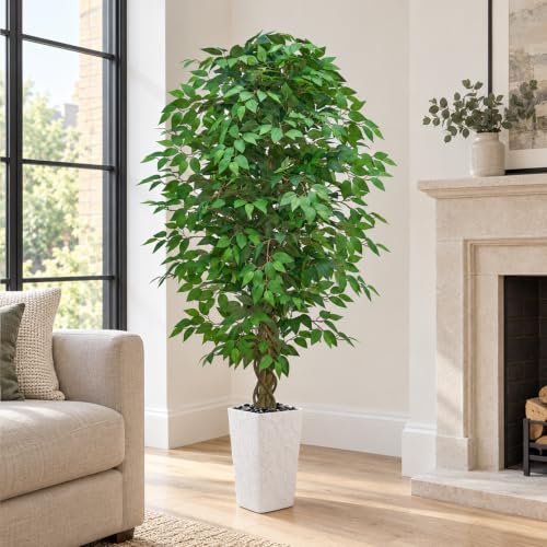 6FT Artificial Ficus Tree with White Planter - Realistic Faux Indoor Plant - Green Leaf Variation