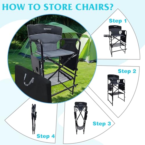 Grey Tall Folding Director Chair 30.7" Seat Height with Side Table & Carry Bag