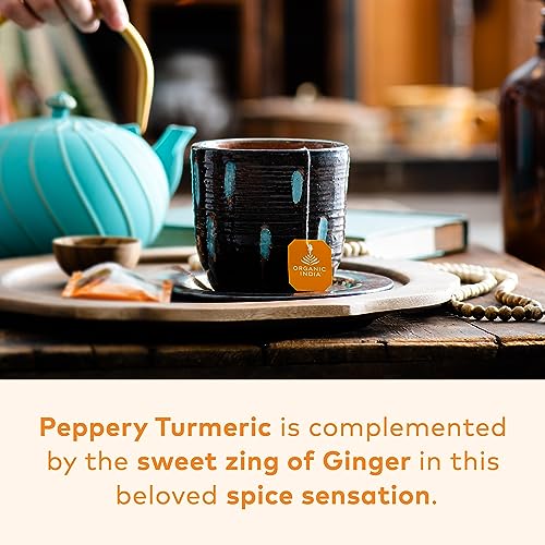 Organic India Tulsi Turmeric Ginger Herbal Tea 6 Pack (18 Bags Each) - Caffeine-Free Stress Relief