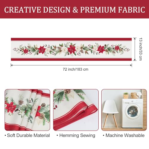 Bonhause Christmas Poinsettia Table Runner 13x72 Inch Red Floral Pine