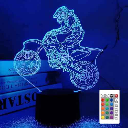 FULLOSUN Dirt Bike Gifts, Motocross 3D Night Light for Kids for Xmas Holiday Birthday Gifts for Kids Motorcycle Fan with Remote Control 16 Colors Changing + 4 Changing Mode + Dim Function