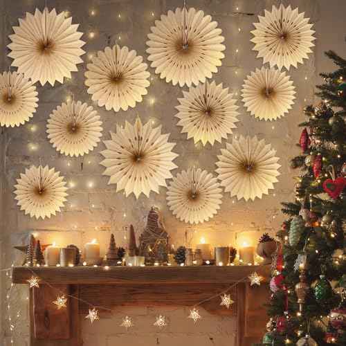 Resholder 9 Pcs Christmas Hanging Decorations Large Paper Fans Neutral Paper Fans Hanging Ornament Kit for Christmas Holiday Party Supplies Home Decorations 10/12/14 Inch(Brown)