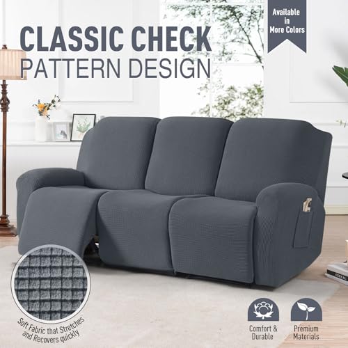 TAOCOCO Grey 3-Seat Recliner Sofa Cover 8-Piece Stretch Slipcover Set
