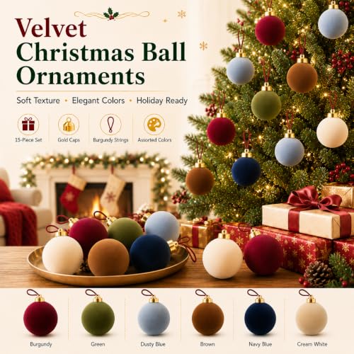 NONSTOP Cream White Velvet Christmas Ball Ornaments 15 pcs - 2.36 Inch Shatterproof Holiday Decor