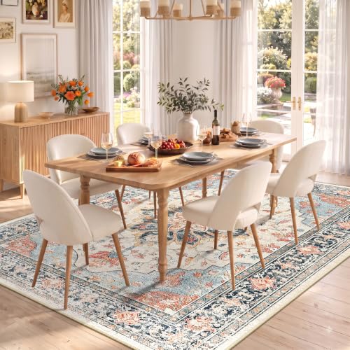 Washable Area Rug 5x7 Feet - Beige, Blue & Orange Vintage Sunflower Pattern