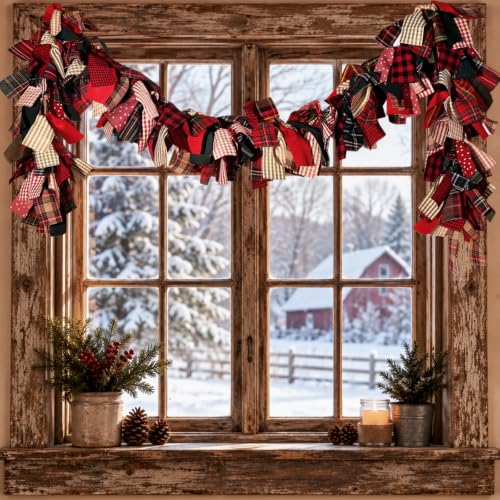 Rustic Farmhouse Christmas Garland with Plaid Flags - Reusable Indoor Holiday Decor