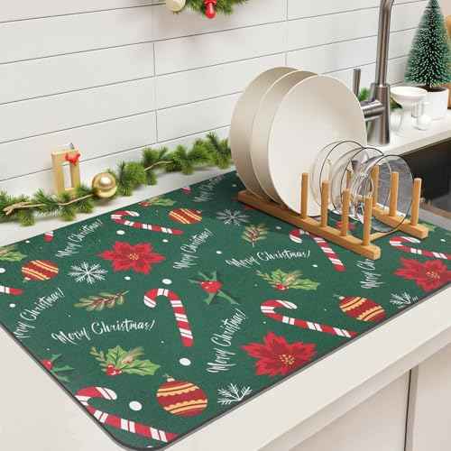 Findosom Christmas Dish Drying Mat, 12" x 20" Super Absorbent & Cuttable Dish Mat with Christmas Candy & Gift Pattern, Hide Stain Drying Mat for Kitchen Counter Coffee Maker Dining Room Decoration