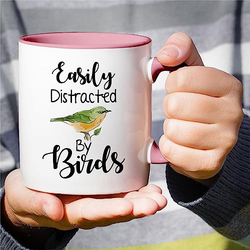 Retreez Easily Distracted by Birds Coffee Mug, White w/ Pink Handle - 11 oz