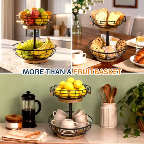Round 2-Tier Fruit Basket with Banana Hanger, Metal & Wood Kitchen Organizer
