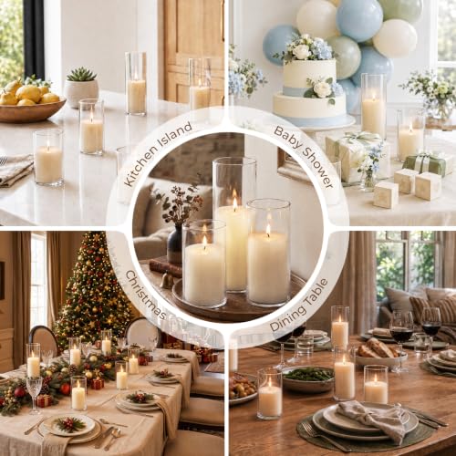 White Pillar Candles with Glass Candle Holders Set - 24 Pieces
