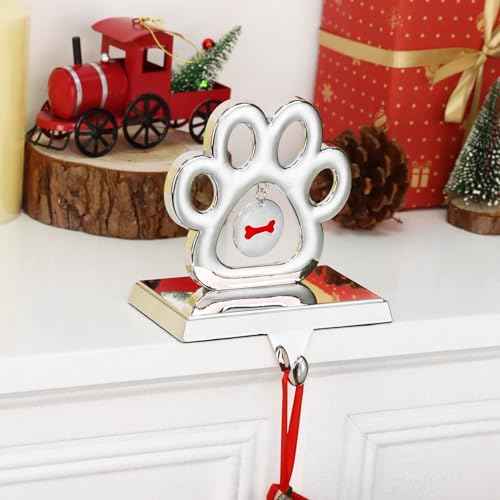 Hooqict Dog Paw Christmas Stocking Holder with Bone Pendant for Mantel 3D Silver Metal Mantel Stocking Holder Christmas Stocking Hanger for Christmas Fireplace Table Decorations