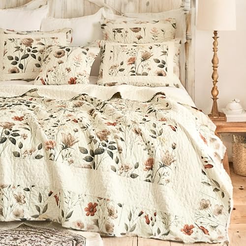 DaDa Bedding Enchanted Meadow King Quilt Set Floral Bedspread Beige