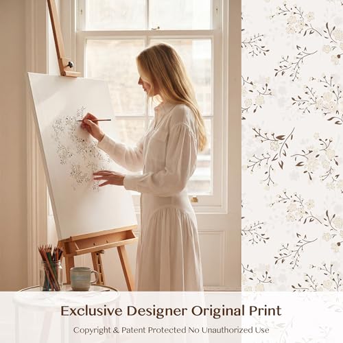 Taupe on Beige Floral Linen Curtains - 120 Inch Light Filtering Farmhouse Drapes, 2 Panels