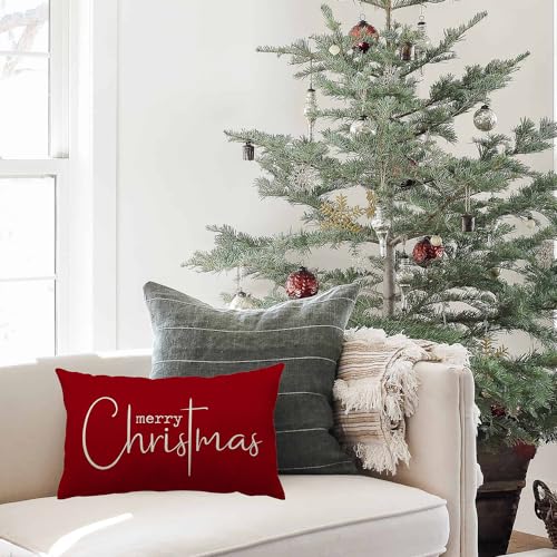 Christmas Pillow Covers Merry Christmas Throw Pillow Decorative Christmas Red Cotton Cloth Linen Cloth Pillow Cover Sofa Cover Decorative Rectangle Length 12X20 inches