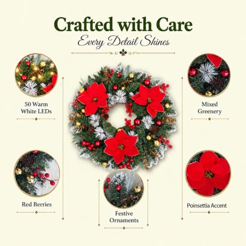 24-Inch Lighted Christmas Wreath with Frosted Poinsettias, Red & Green, Battery-Operated