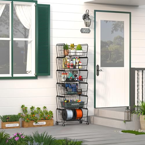 Matte Black 6-Tier Tall Stackable Wire Storage Baskets with Wheels - Vertical Utility Cart
