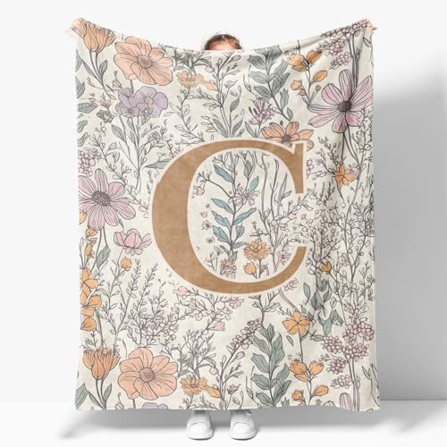 JXREQ Boho Floral Initial C Throw Blanket - 50x60 in Personalized Gift for Women
