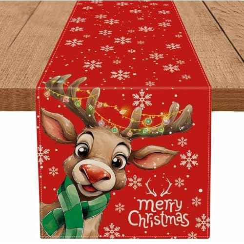 Merry Christmas Table Runner Reindeer Snowflake Red Runner Winter Xmas Home Party Kitchen Dining Table Indoor Outdoor Decorations 13x72 Inch
