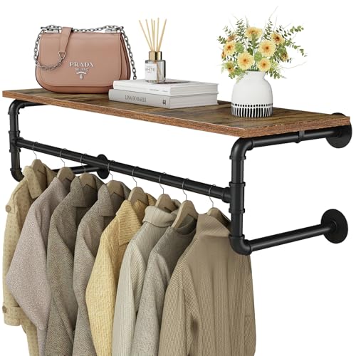 Wall Mounted Clothes Rack with 43.3in Shelf and Hanging Rod - Industrial Pipe Design, Space-Saving Garment Organizer, Black Finish, 110cm Variation