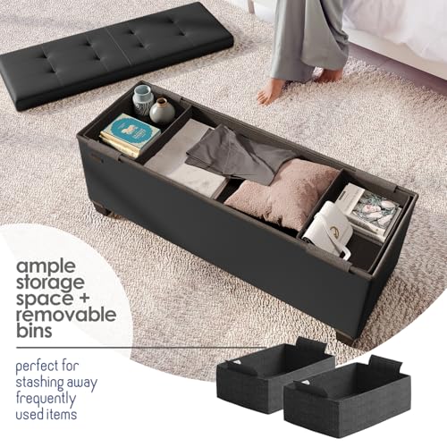 Black Leather Storage Ottoman Bench - 43 Inch Foot Rest & Seat with Bins - Variation 04