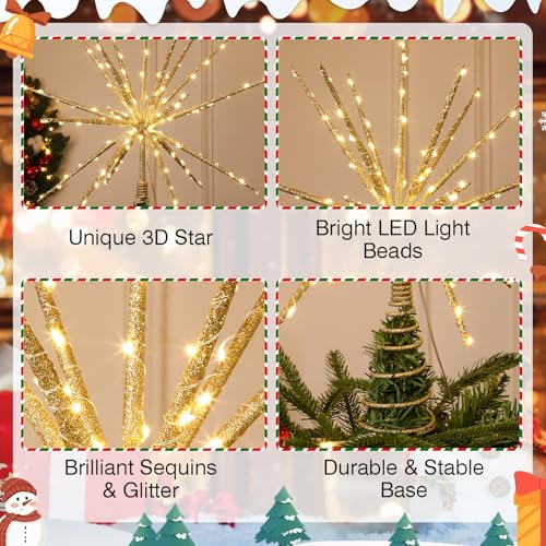Obralitic 15 Inch Gold Starburst Christmas Tree Topper with 150 Lights & Remote
