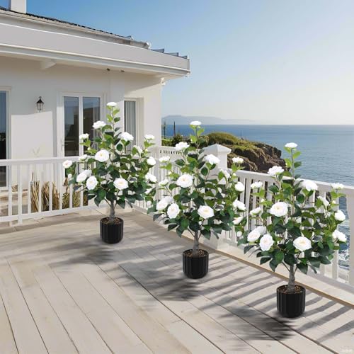 Artificial Camellia Trees in Pot - White, Medium - Indoor & Outdoor Decor, 2 Pack